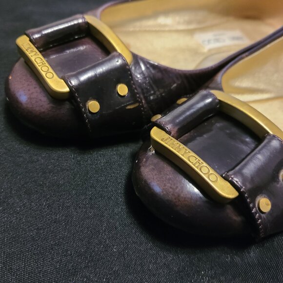 Jimmy Choo Dark Purple Patent Leather Ballet Flats EU 37.5 Gold Tone Buckle - Picture 16 of 16
